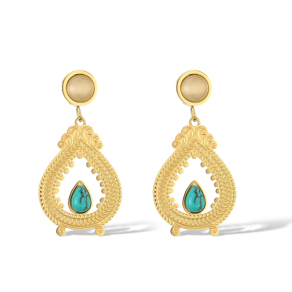 Vintage-style Heart-shaped Titanium Steel Drop Earrings with Turquoise Inlay for Women