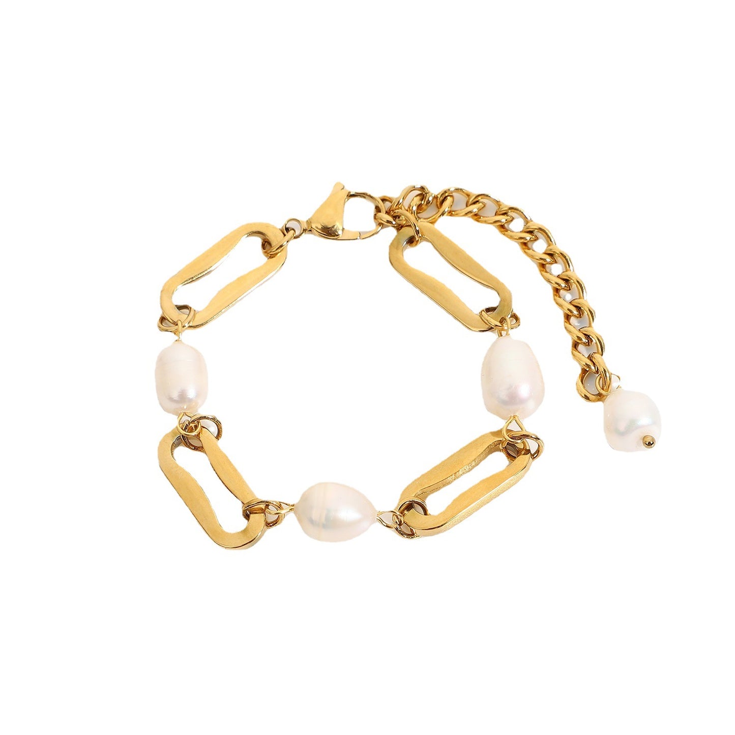 Bracciale Geometria Barocca in Acciaio Inossidabile Placcato Oro 18K con Maglie Rettangolari e Perle di Acqua Dolce