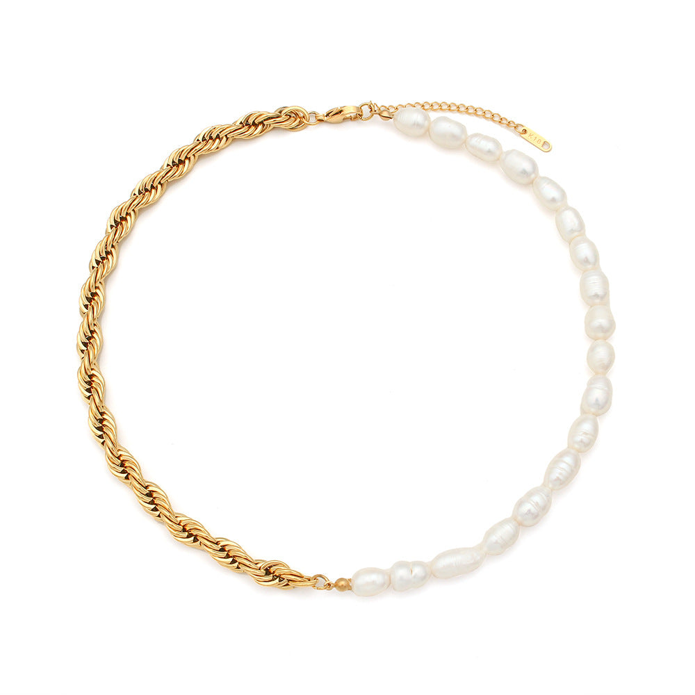 Minimalist Geometric Titanium Steel Plated Pearl Necklace for Women with Adjustable Chain