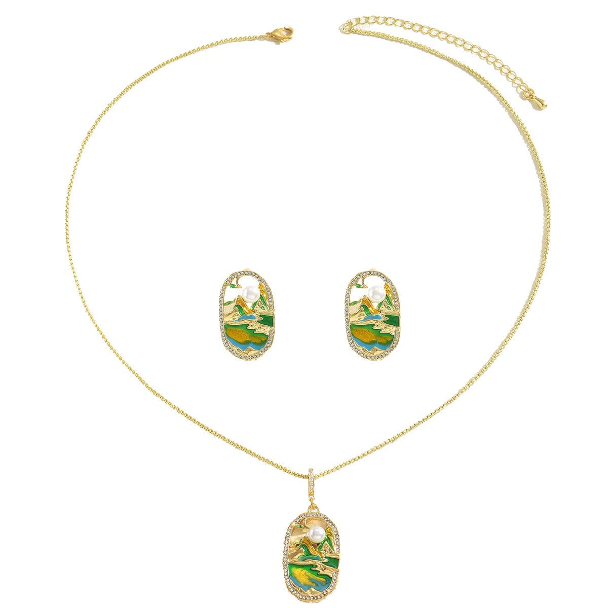 Completo Collana e Orecchini in Lega con Motivo Montagna e Fiume in Stile Ufficio Moda con Intarsi di Strass e Accenti di Perle