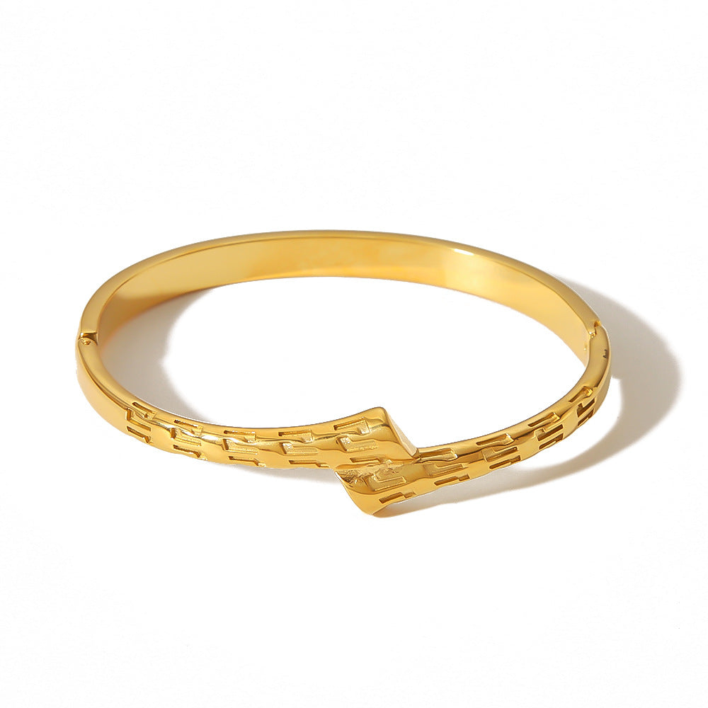 Asymmetrical Geometric Texture Stainless Steel Bracelet with 18K Gold Plating