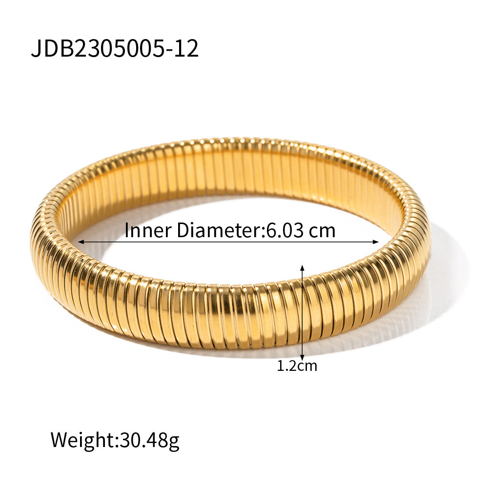 Anillo geométrico de moda con patrón enchapado en oro de 18 quilates, pulsera de perlas de acero inoxidable con resorte para mujer