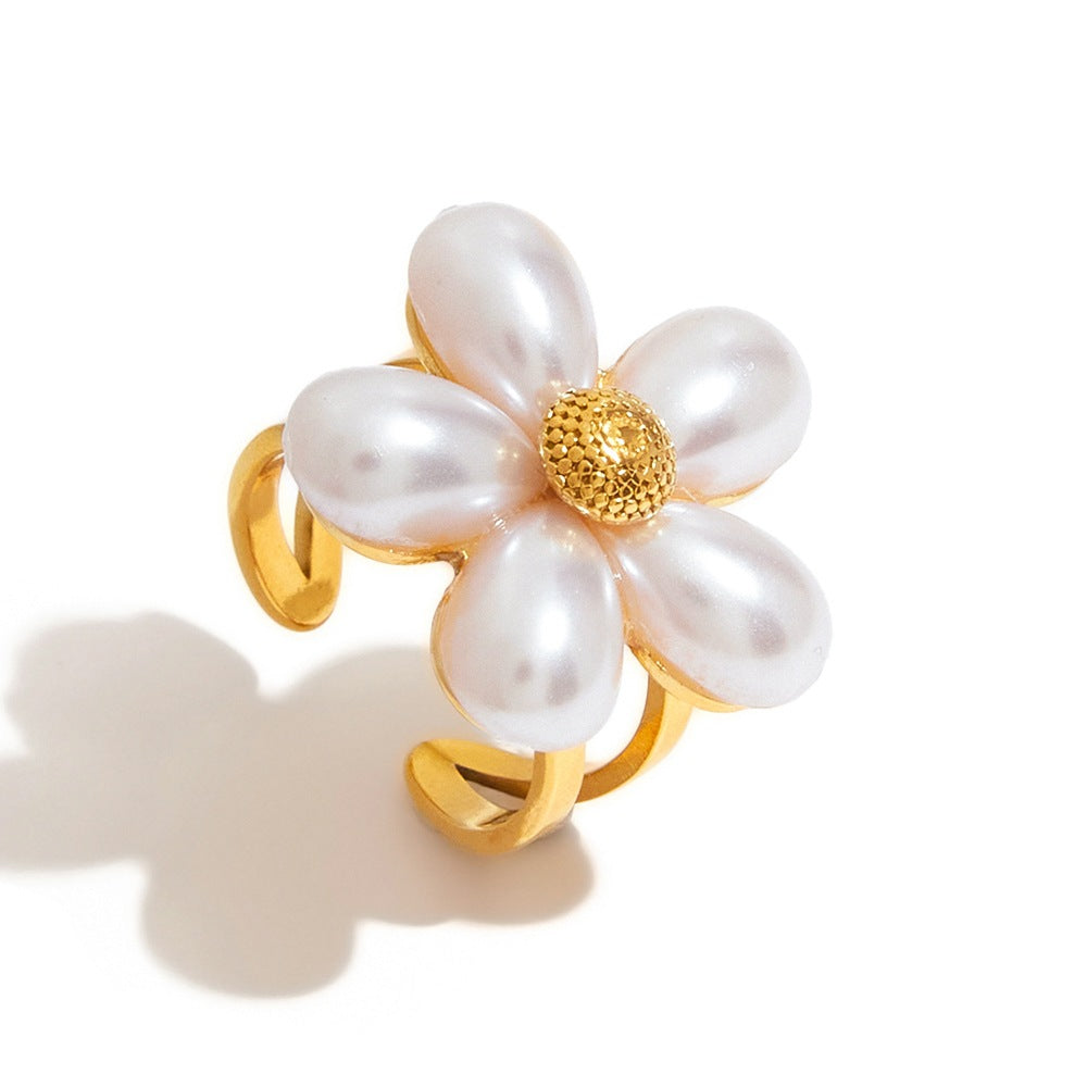 Elegant Geometric Floral Stainless Steel Plated Ring with Pearl Inlay for Women