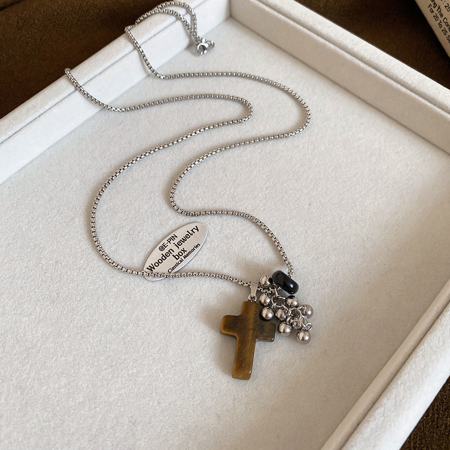 Collana con Pendente Lussuosa Occhio di Tigre Geometrica in Acciaio Inossidabile Placcato da Donna, per Abbigliamento Casual da Ufficio, Catena per Maglione
