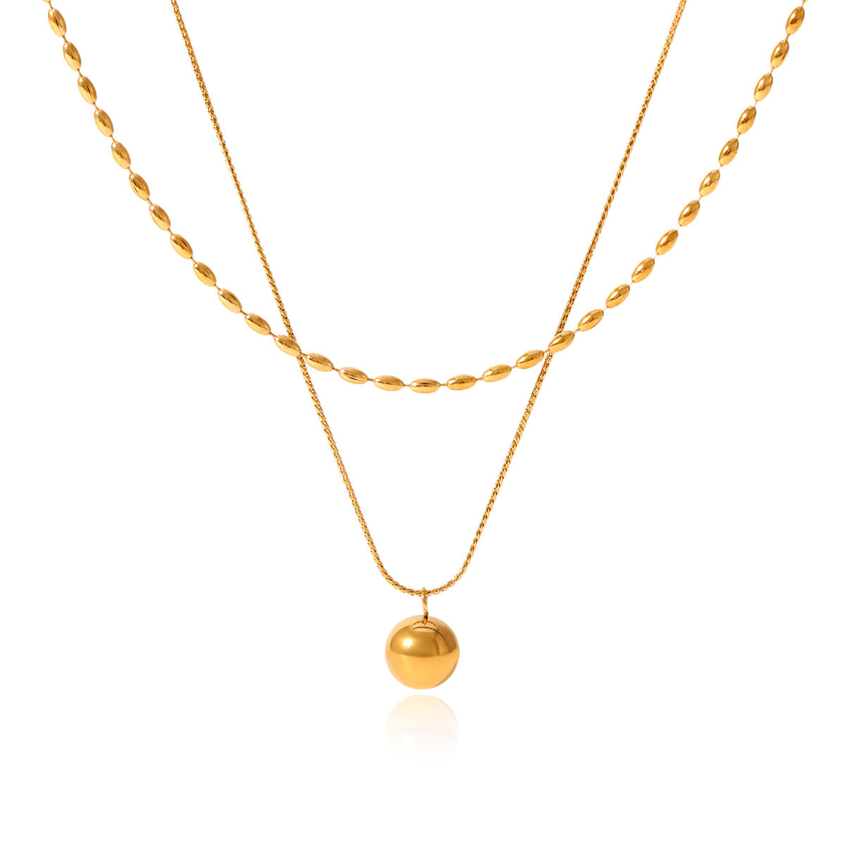 Minimalist Geometric Gold-Tone Stainless Steel Double-Layer Necklace with Small Spherical Pendant and Twisted Chain