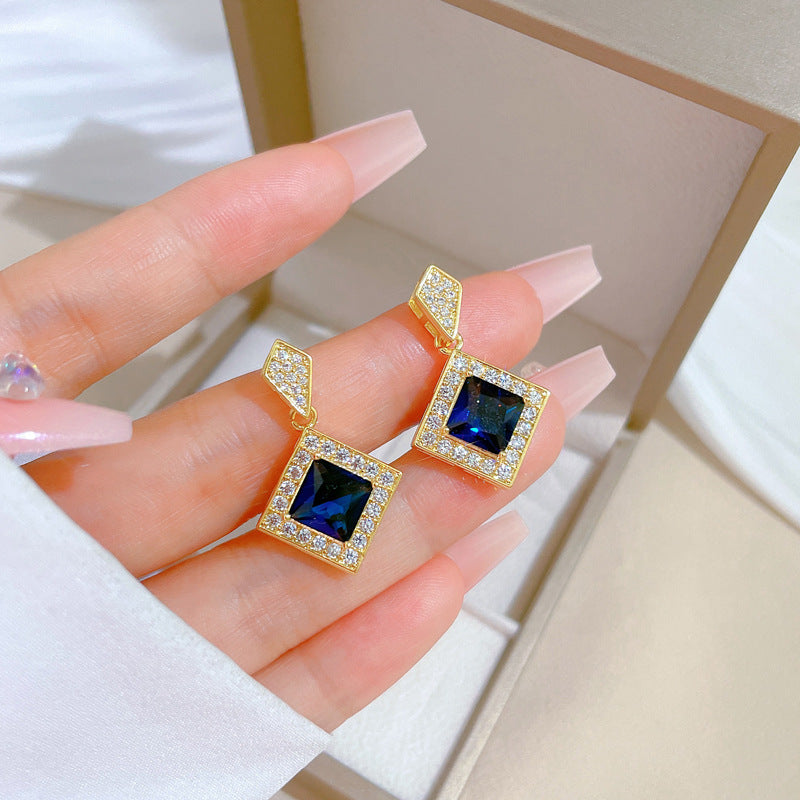 Luxury Titanium Steel Geometric Blue Rhombus Necklace and Earrings Set for Women Formal Events
