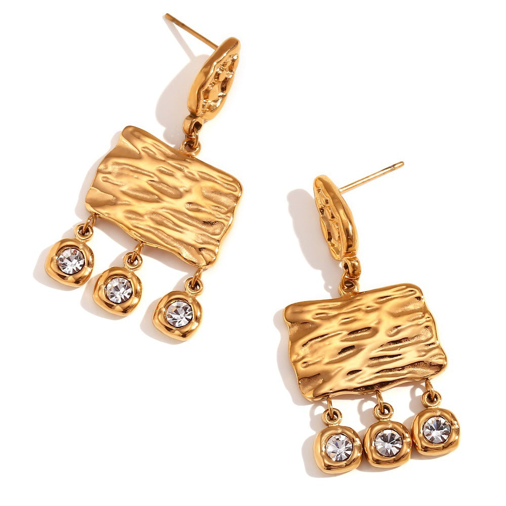 Bohemian Style Geometric Stainless Steel Earrings with 18K Gold Plating and Round Zircon Accents for Women