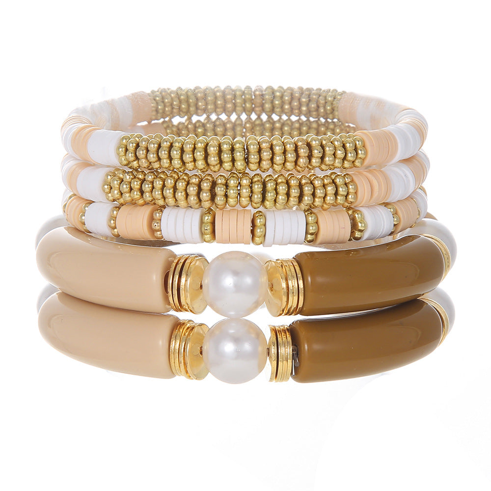 Bohemian Ethnic Geometric Round Acrylic Resin Pearl Bracelet Set for Women
