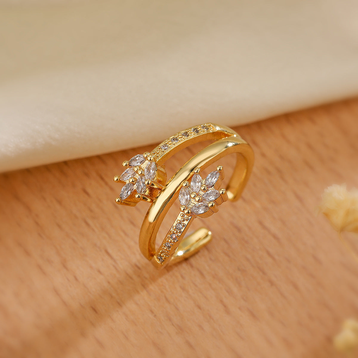 Minimalist Geometric Butterfly and Wheat Motif Open Ring for Women in Copper with 18K Gold Plating and Zircon Inlay