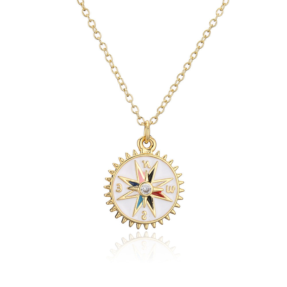Casual Geometric Drip Oil Gold Plated Brass Compass Pendant Necklace with Cubic Zirconia