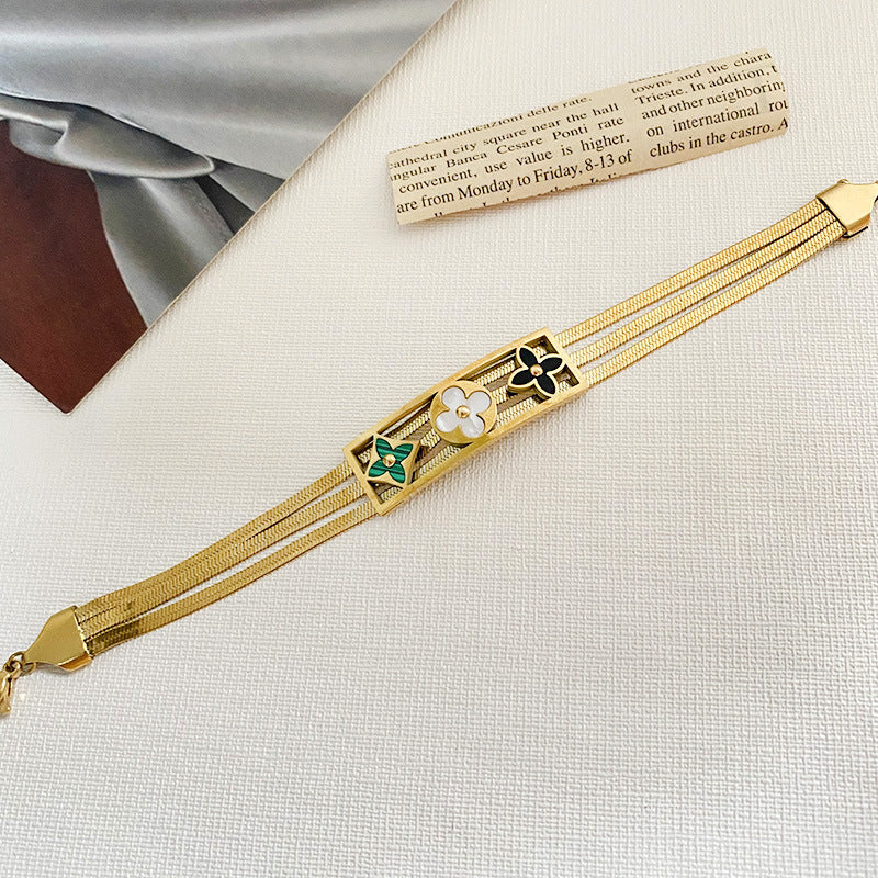 Gold Plated Titanium Steel Four-Leaf Clover Tree of Life Bracelet Floral Design Unisex