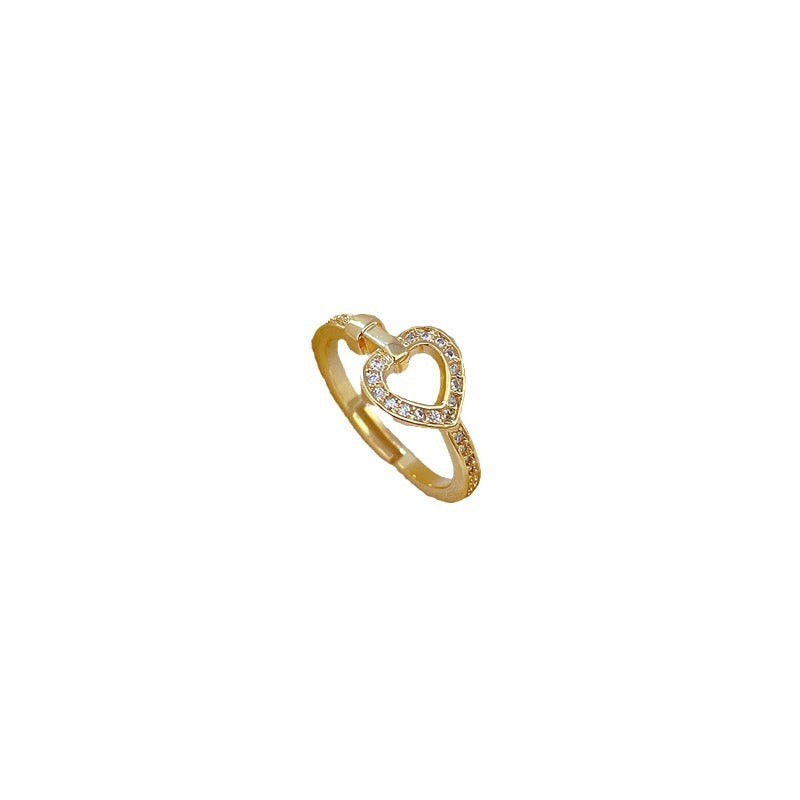 Kawaii Style Heart-Shaped Gold-Plated Brass Adjustable Ring for Women with Crown Detail