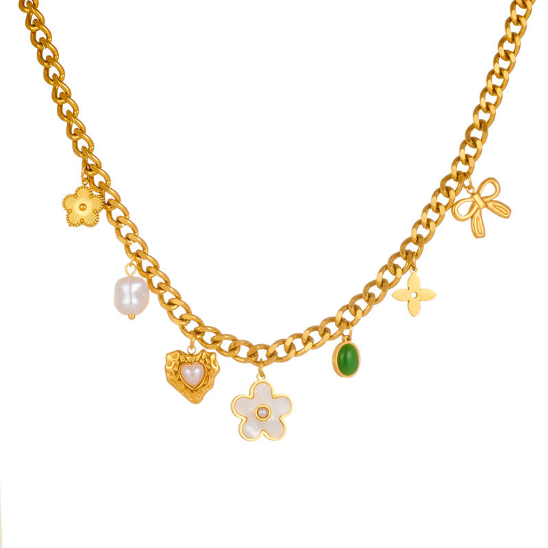 Vintage Pearl White Shell Floral Heart Bow Emerald Oval Pendant Stainless Steel Necklace for Women