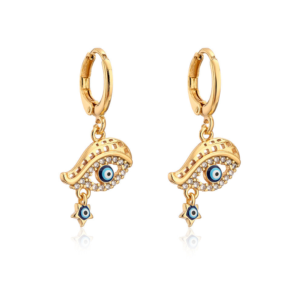Geometric Demon Eye Earrings for Women with Copper Base Plated in 18K Gold and Enamel-Set Zirconia