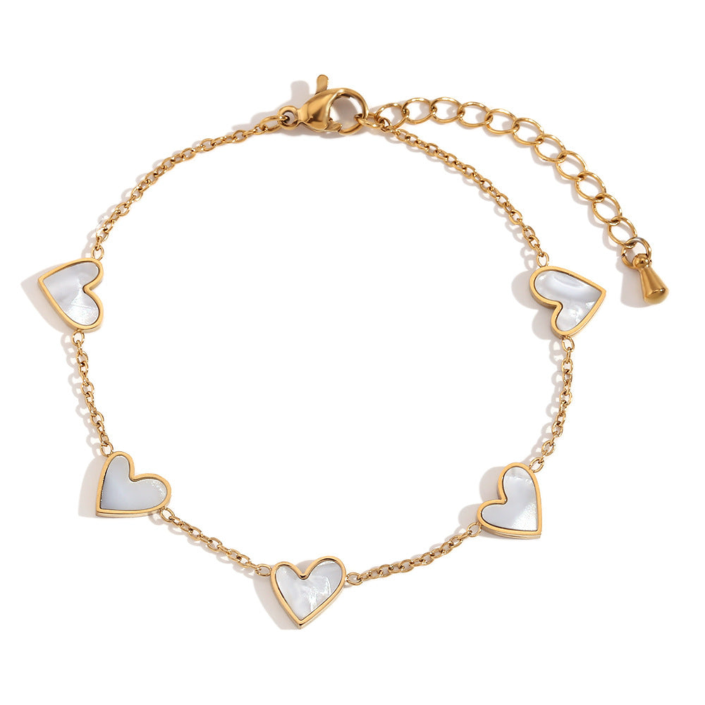 Fashionable Women's Heart-Shaped Stainless Steel Plated 18K Gold White Abalone Bracelet with Geometric Accents