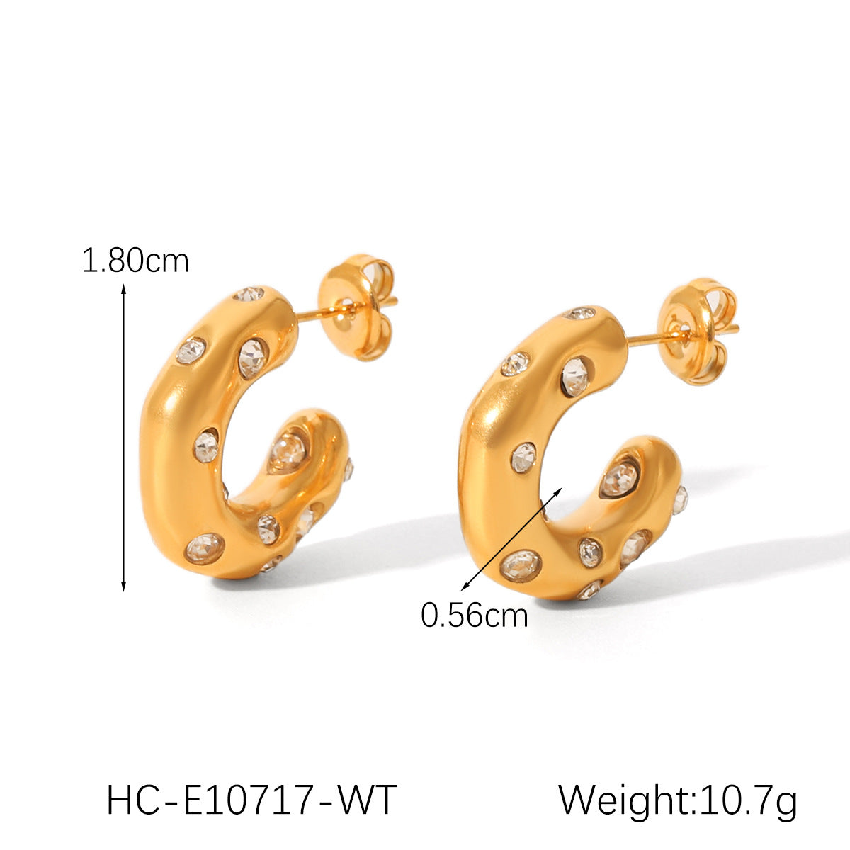 Ins Style Geometric C-Shaped 18K Gold Plated Stainless Steel Stud Earrings with Zircon for Women