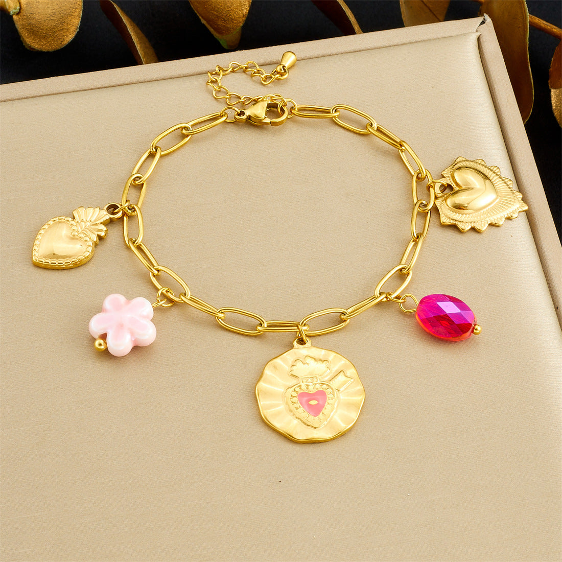 Sweet Gold Plated Drip Oil Round Heart Flower Stainless Steel Necklace and Bracelet Set with Serpentine Chain for Women