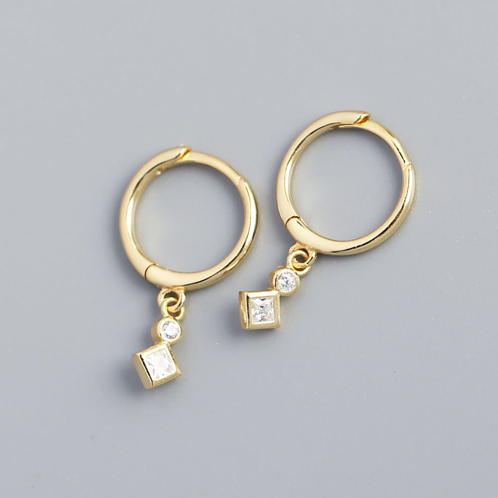 Minimalist 925 Sterling Silver Square Geometric Rhinestone Inlay Hoop Earrings for Women