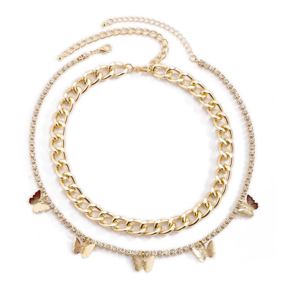 Minimalist Geometric Butterfly Rhinestone Alloy Plated Necklace with Curb Chain for Women