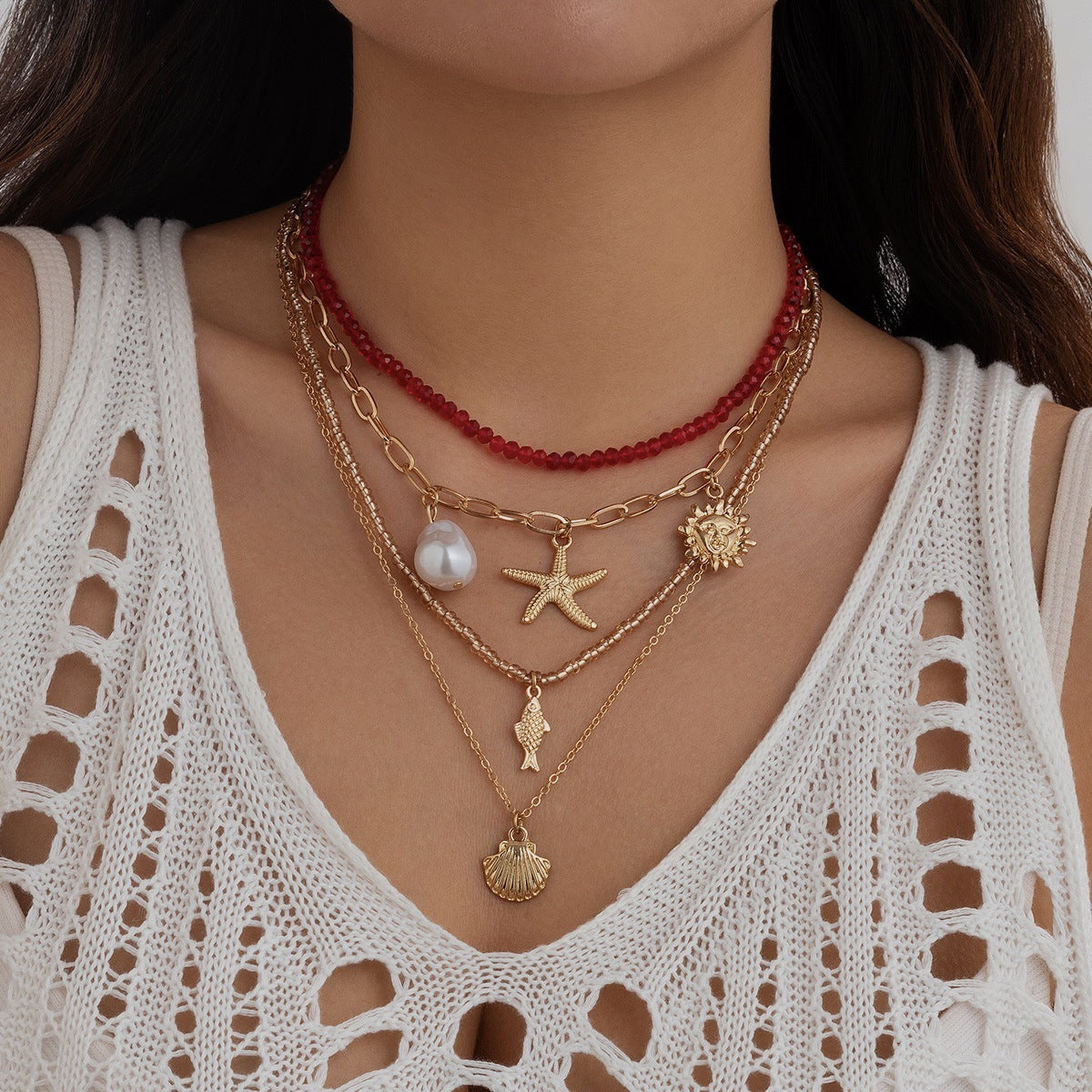 Vintage Bohemian Sweet Geometric Alloy Resin Leather Beaded Necklace for Women