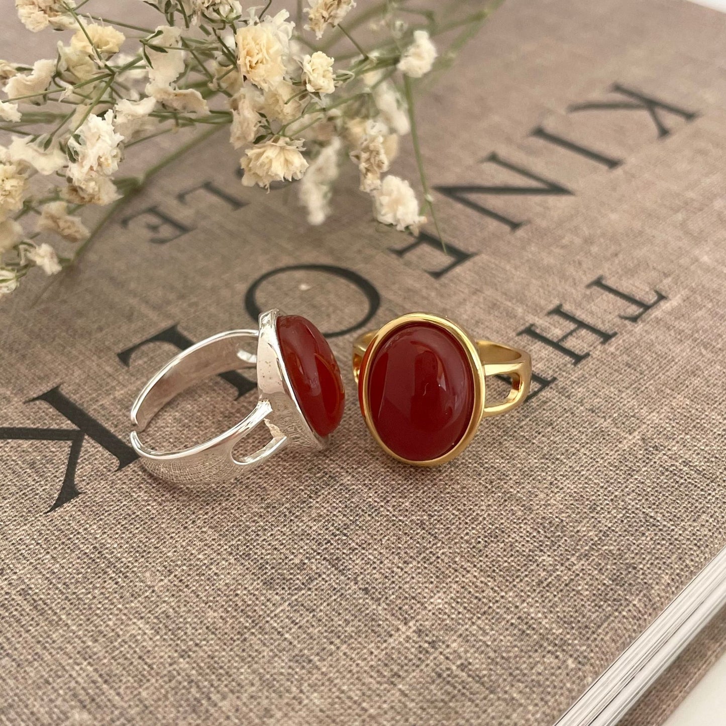 Minimalist Elegant 925 Sterling Silver Heart Agate Inlay Ring with Geometric Round and Oval Elements for Women