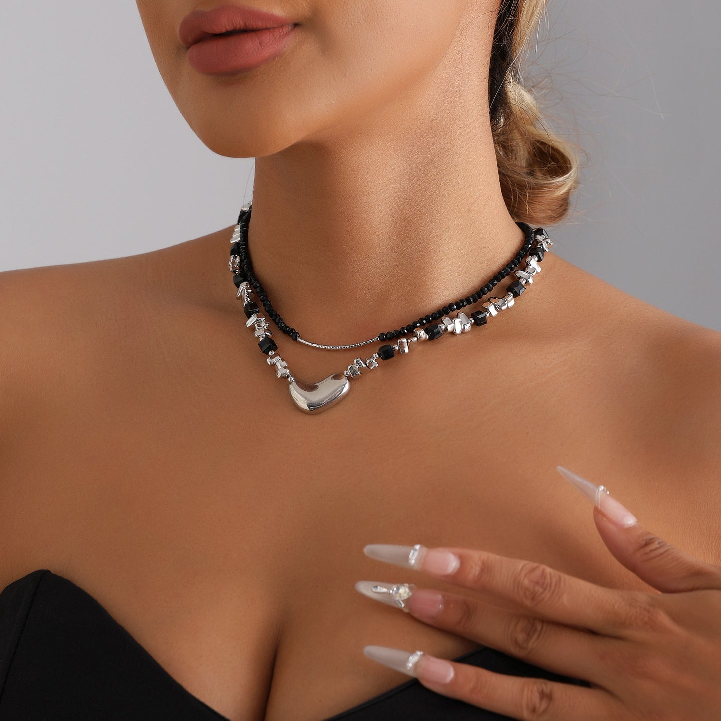 Sweet Geometric Heart Crystal Plated Alloy Necklace for Women