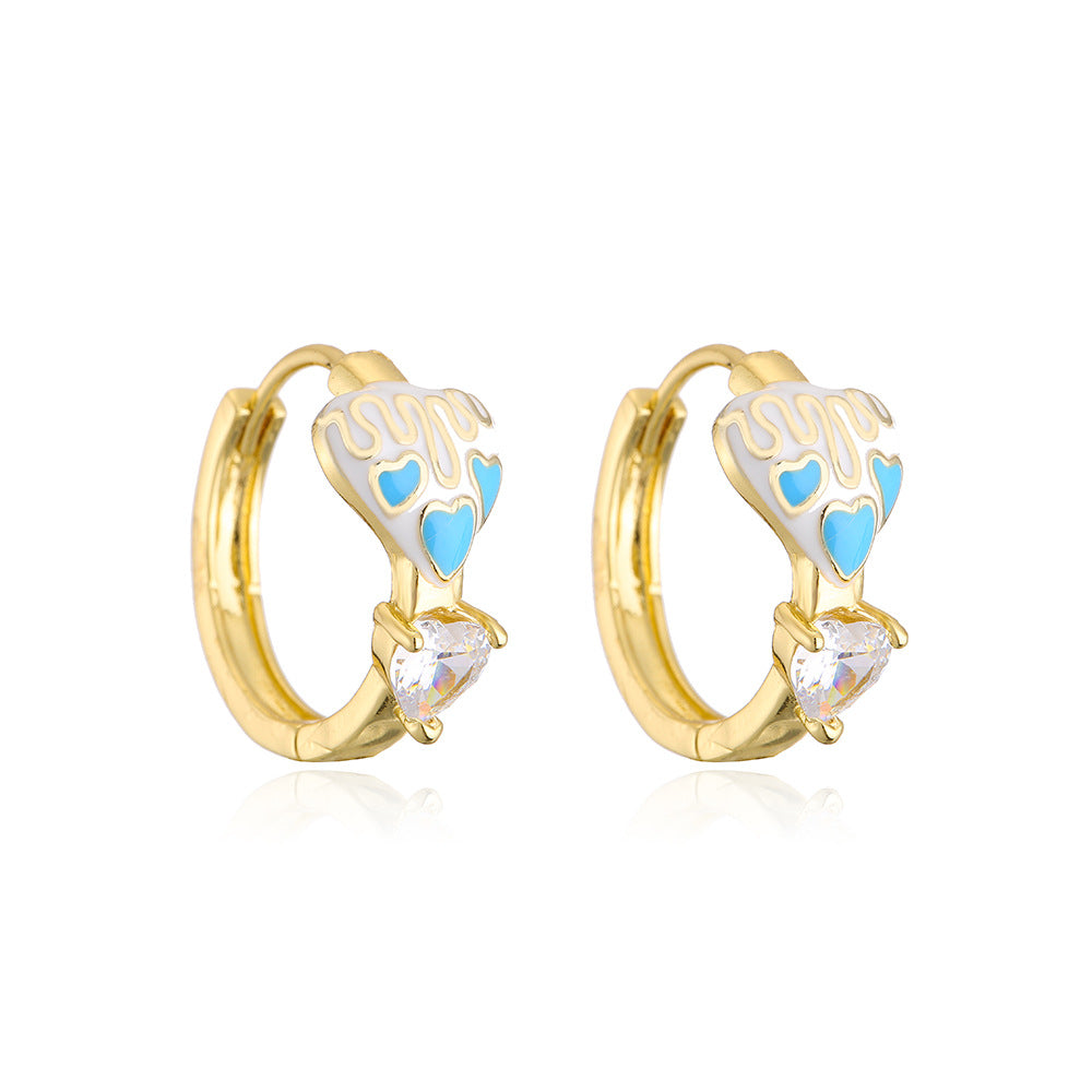Sweet and Cute Style Geometric Heart-Shaped Enamel and Rhinestone Earrings in Copper with 18K Gold Plating for Women