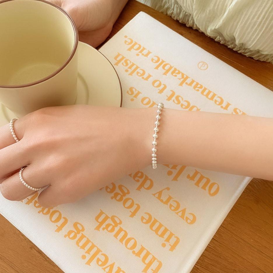 Pulsera de cadena de bolas redondas de plata de ley 925 minimalista para mujer