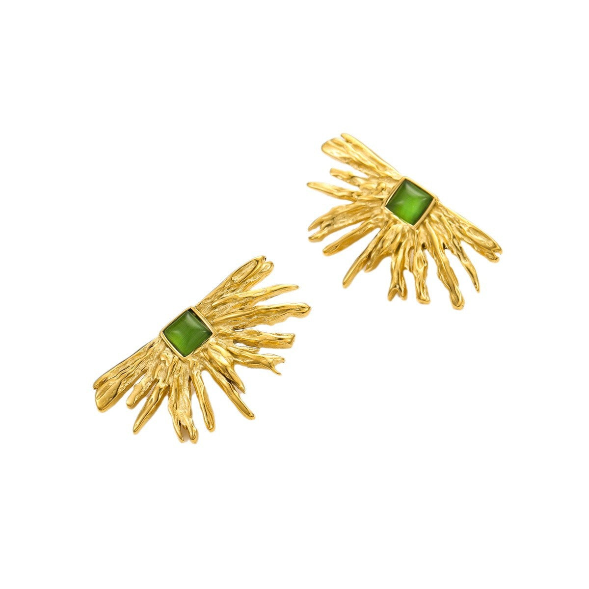 Orecchini a perno da donna a forma di girasole, in acciaio inossidabile, con occhio di gatto verde, stile vintage