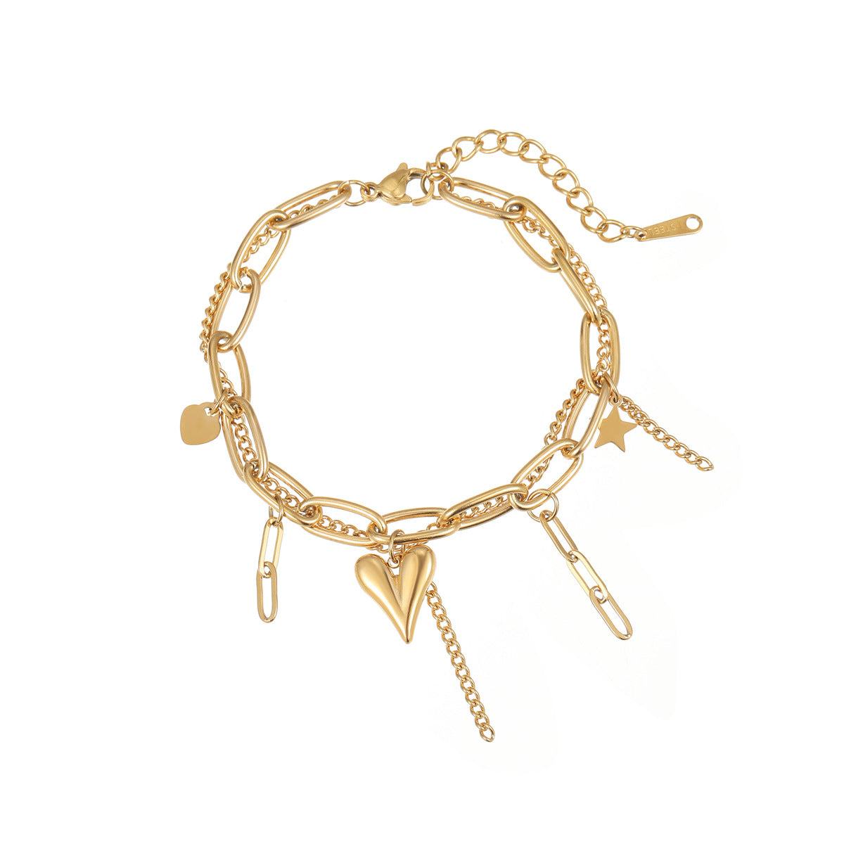 Bracciale doppio strato in acciaio inossidabile placcato oro 18 carati a forma di cuore geometrico e stella, alla moda