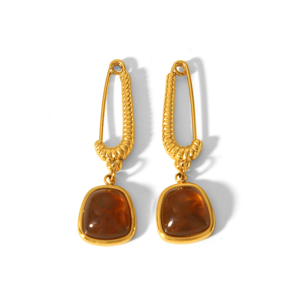 Vintage French Style Geometric Natural Stone Earrings 18K Gold Plated Stainless Steel for Women