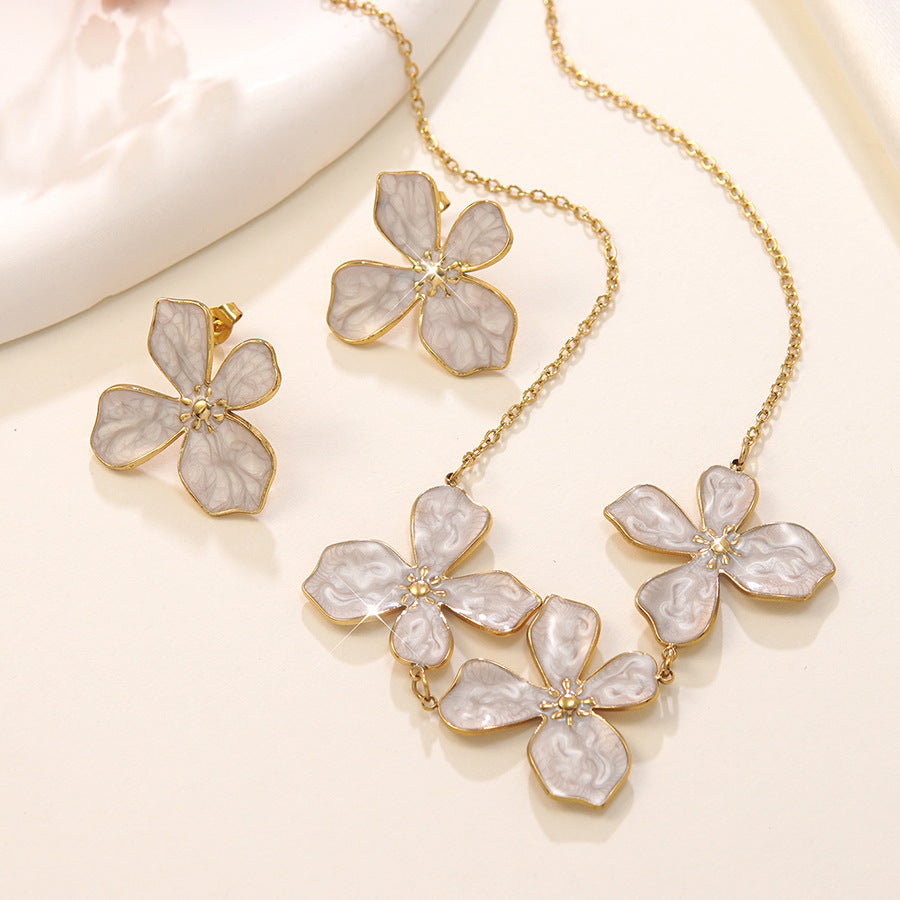 Vintage Sweet Drip Oil Floral Stainless Steel Necklace and Earring Set for Women