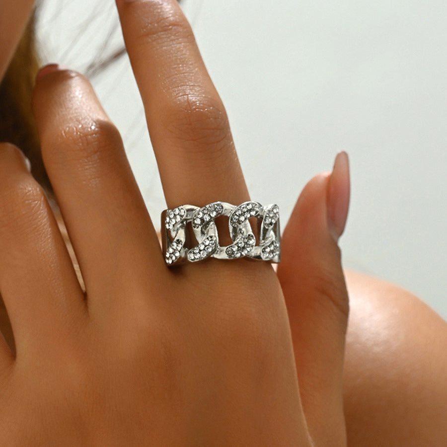 Anello da donna in lega di zinco con geometria a U, intarsiato con strass, stile lusso leggero