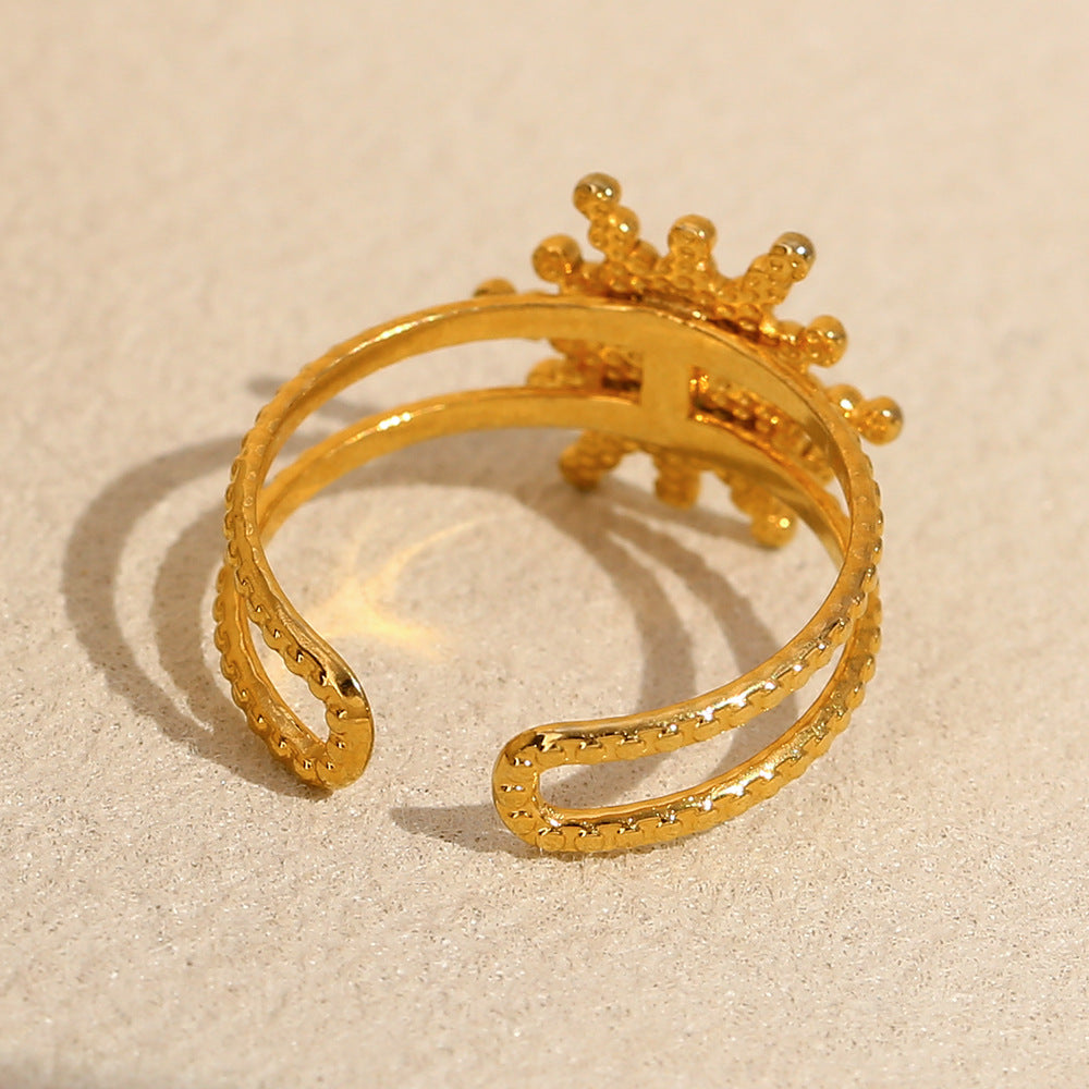 French Style Floral Sun-Shaped Stainless Steel Ring with 18K Gold Plating and Natural Turquoise for Women