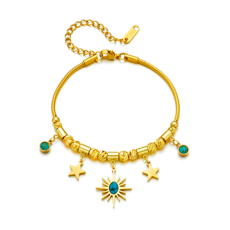 Bracciale alla Moda con Pendente Ovale Turchese Geometrico a Sole e Stella in Acciaio al Titanio con Finitura Placcata per Donna