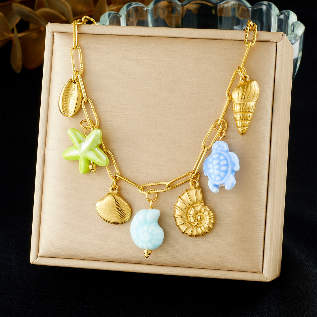 Chic Gold Plated Stainless Steel Heart Bow Floral Pendant Necklace Curb Chain