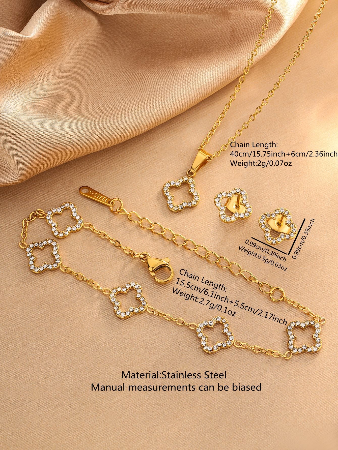 Elegante Juego de Collar de Acero Inoxidable con Trébol de Cuatro Hojas y Circonitas Cúbicas con Pulsera y Pendientes a Juego para Mujer