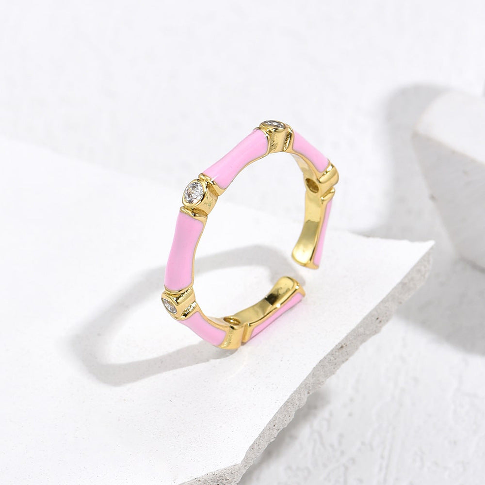 Elegant French-Style Geometric Copper Ring with Real Gold Plating and Enamel Zirconia for Women