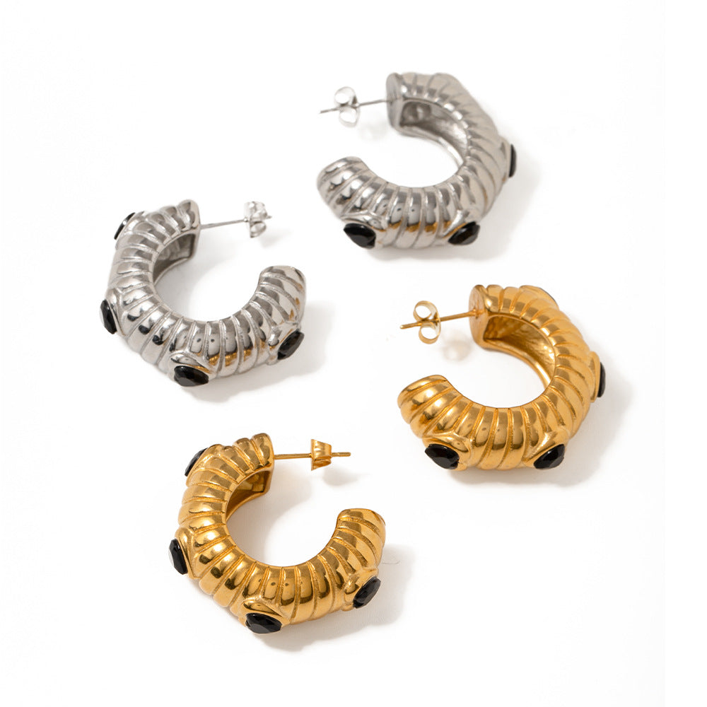 Geometric Black Zircon Snake Chain Earrings in Stainless Steel with Rhinestone Inlay and Matte Bread Texture Finish for Women