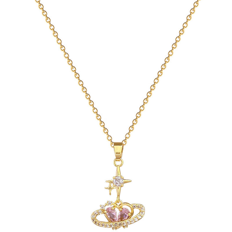 Minimalist Heart Starburst Pendant Necklace for Women in Titanium Steel with Rhinestone Inlay on Delicate Clavicle Chain