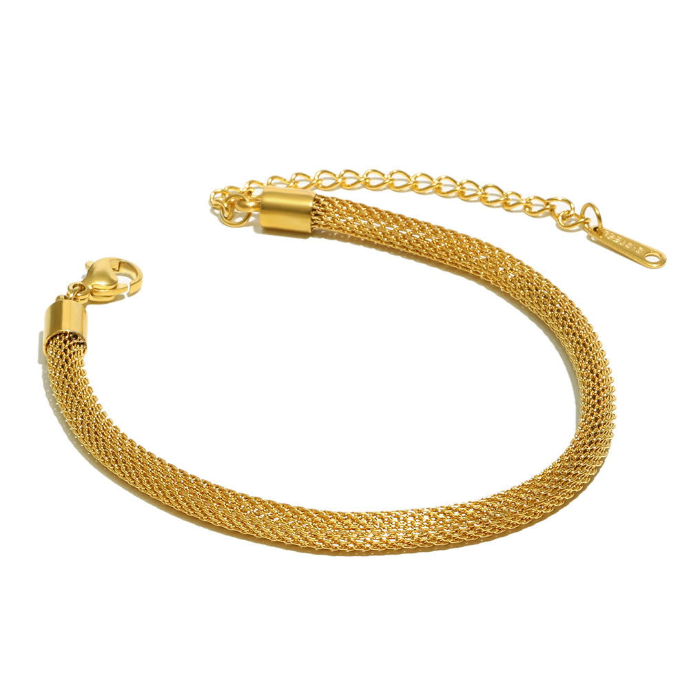 Minimalist Geometric Stainless Steel Vacuum Plated 18K Gold Tone Round Mesh Bracelet for Women
