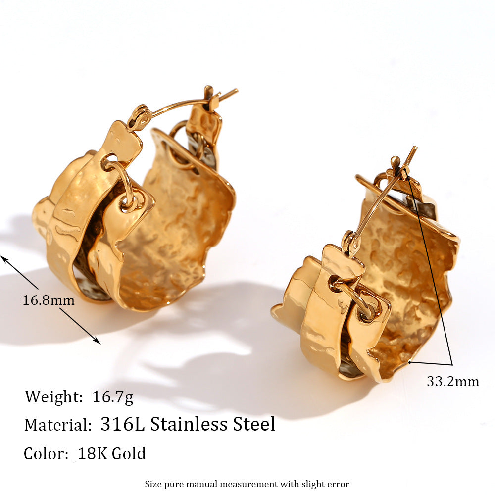 Fashionable Oval Stainless Steel Earrings with 18K Gold Plating and Hammered Texture Natural Stone for Women
