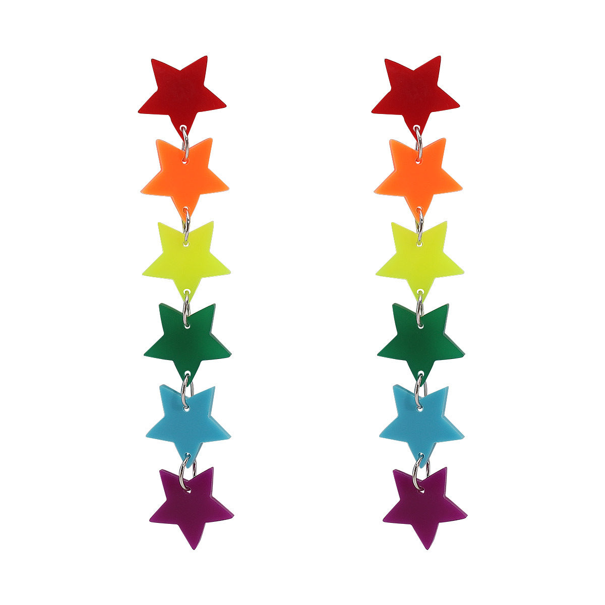 Aretes de mujer de acrílico con forma geométrica de estrella y corazón, diseño de arcoíris coloridos y acabado chapado