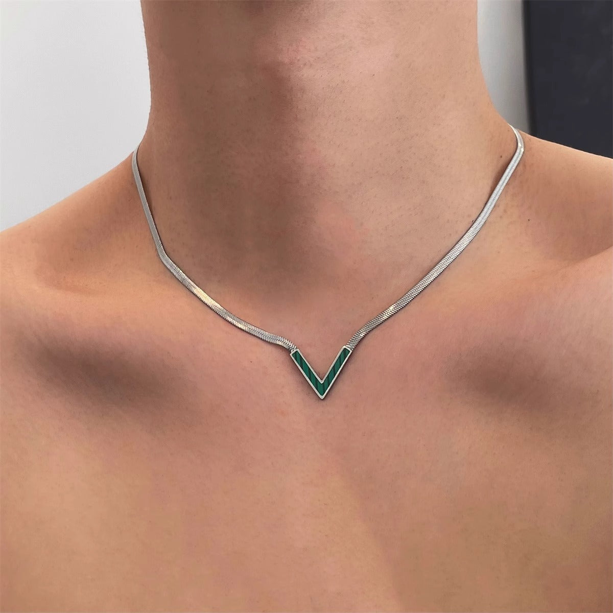 Minimalist V-Shaped Titanium Steel Necklace for Women with Flat Snake Chain and Letter Accent
