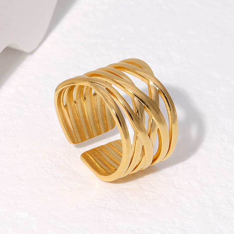 Anello Largo Aperto da Donna Minimalista Geometrico a Linee in Acciaio al Titanio con Design Cavo e Finitura Placcata