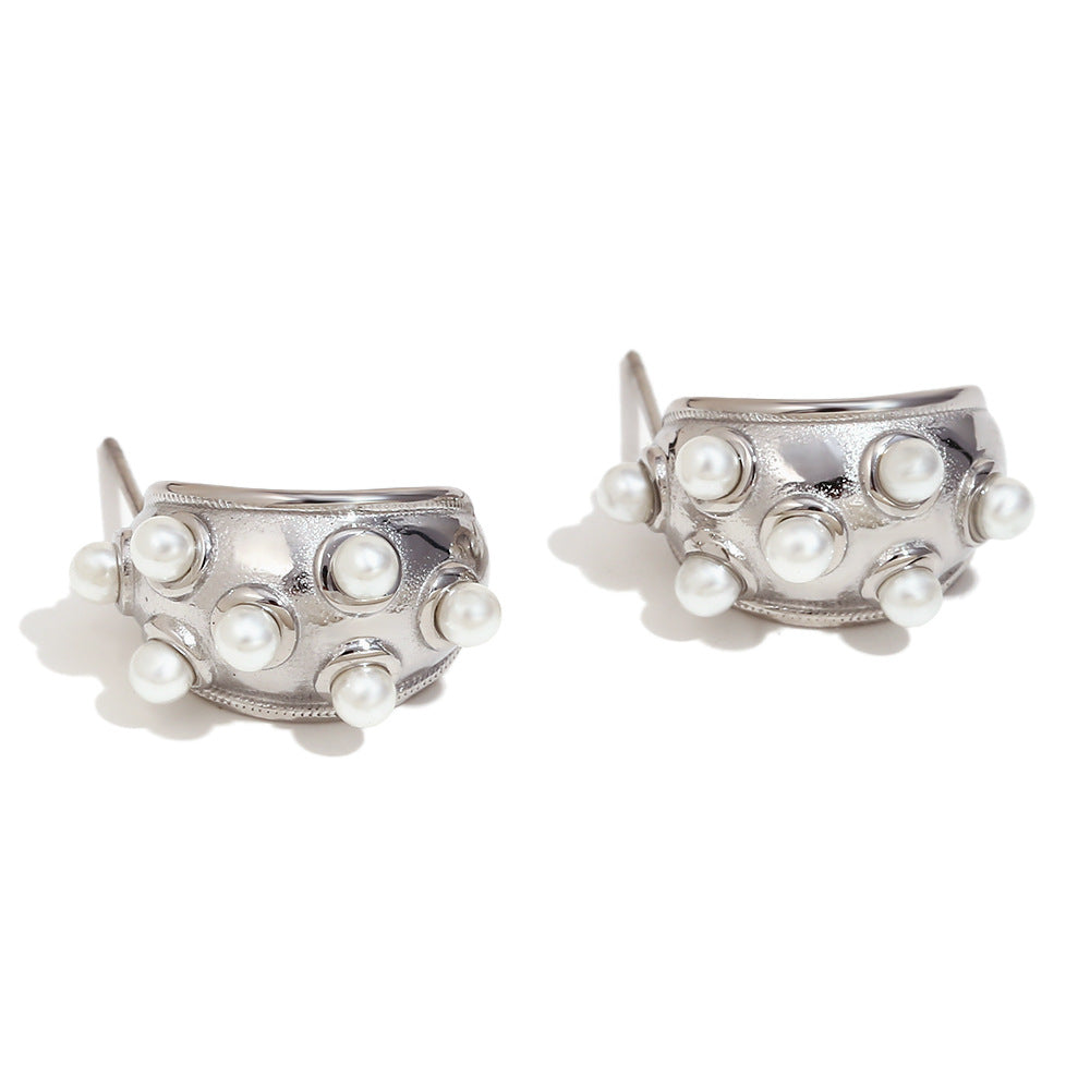 Vintage Minimalist Geometric Stainless Steel 18K Gold Plated Moon Stud Earrings for Women with Pearl-Like Accents