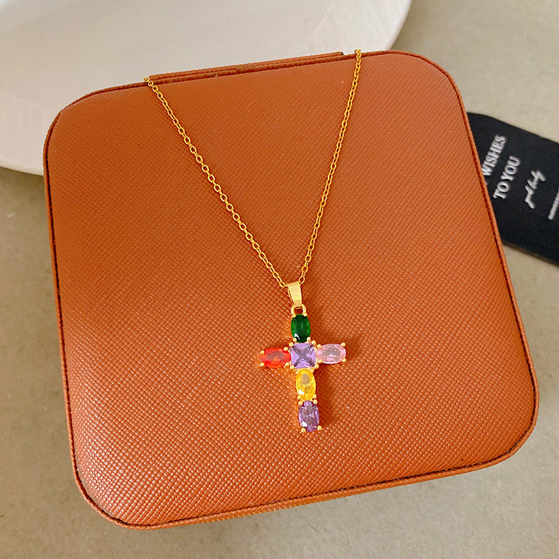 Sporty Sweet 18K Gold Plated Cross Titanium Steel Necklace with Cubic Zirconia for Women
