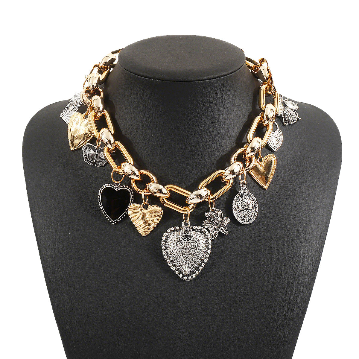 Elegante collana a cuore in lega con finitura smaltata e intarsio di strass da donna
