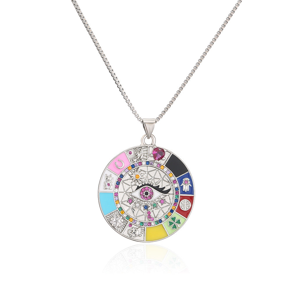 Collana da donna con ciondolo a occhio in smalto e zirconi a forma geometrica in stile bohémien