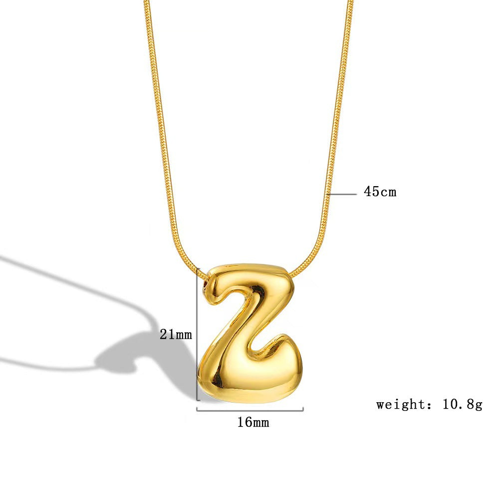 Luxury Balloon Bubble-Shaped Letter Necklace in Titanium Steel with Gold Plating, Snake Chain, Unisex Alphabet Pendant Jewelry